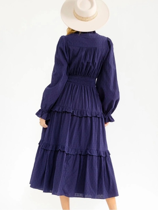 WOMEN’S LONG SLEEVE BUTTON UP ELASTIC WAIST FRONT POCKETS TIERED MIDI DRESS - Picture 4 of 16